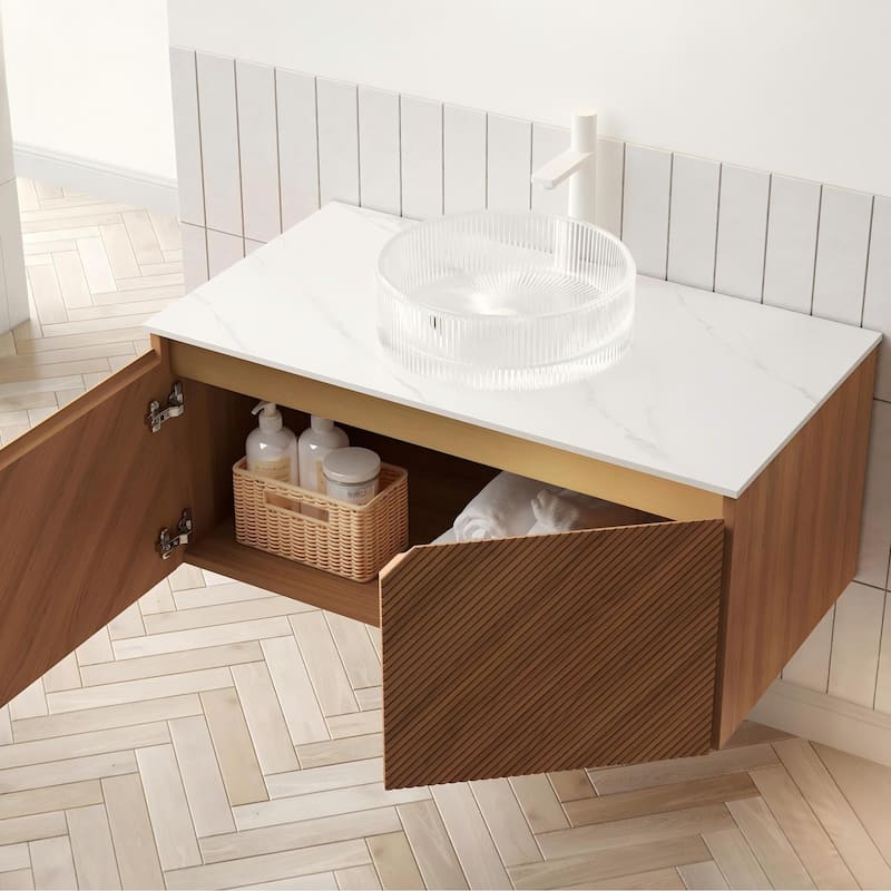 Wall-mounted Bathroom Vanity with Round Glass Basin