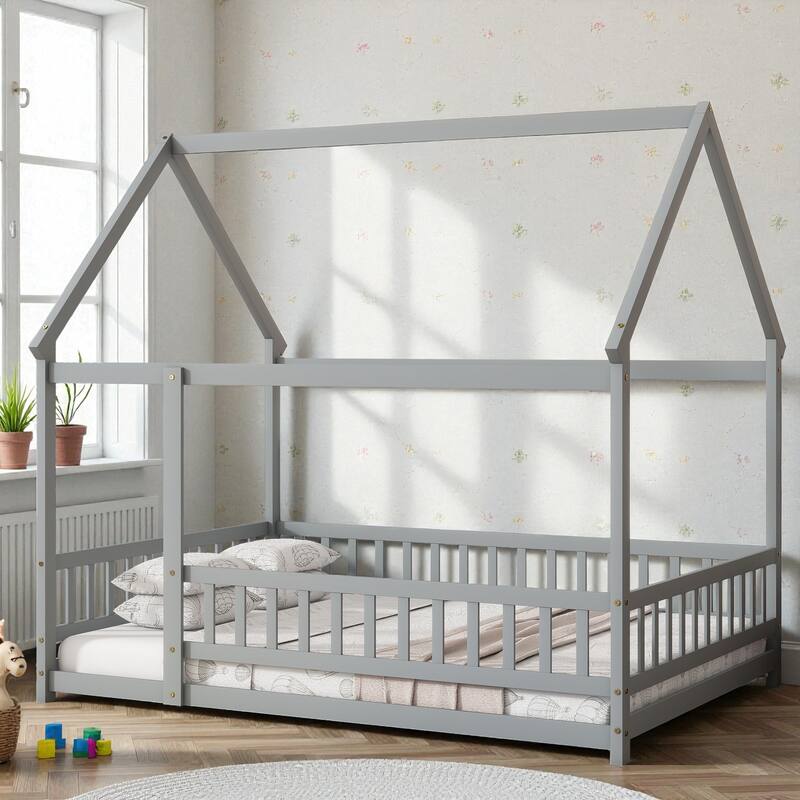 Full Size House Floor Bed with Roof Frame and Guardrails, Solid Wood Montessori Bed for Kids with Fence Design