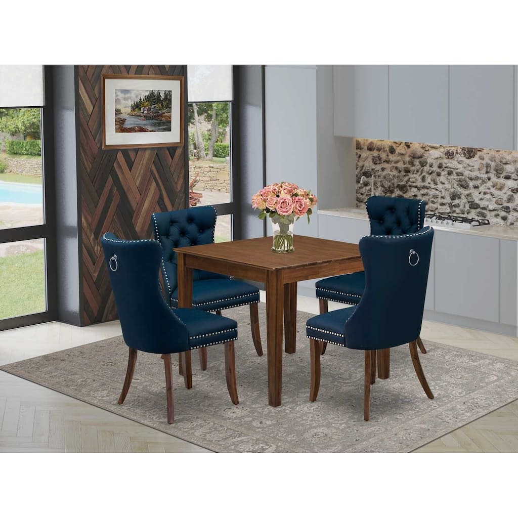 5-Piece Antique Walnut Finish Solid Wood Top - Square Upholstered Dining Room Set - Seats 4