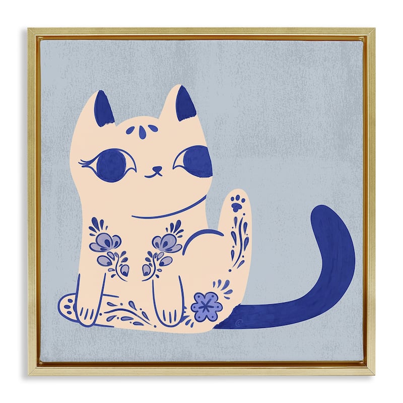 Stupell Ornate Floral Cat Framed Floater Canvas Wall Art Design By Carrie Cantwell - 25 x 25 - Gold