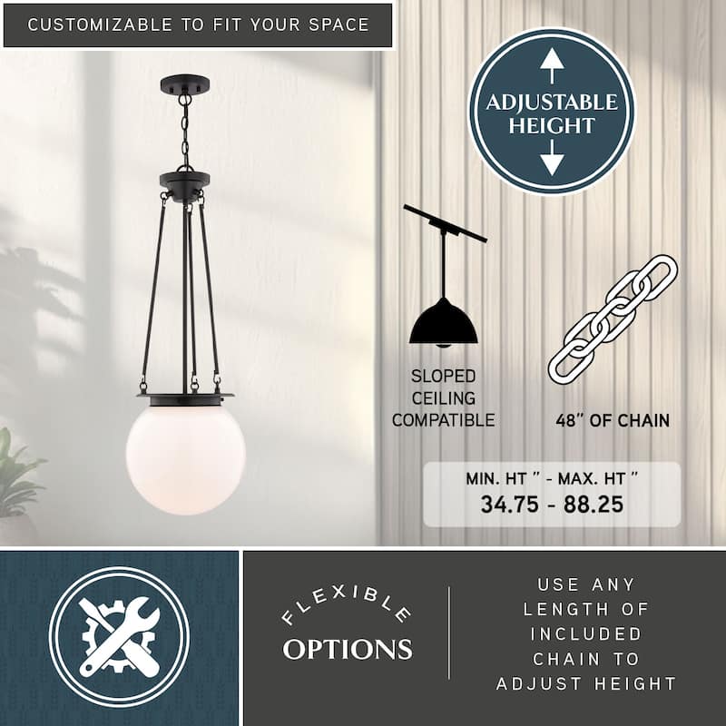 VAXCEL Kent 1-Light 11.75 in. Wide Globe Mini Pendant with White Frosted Opal Glass Shade, Hanging Ceiling Fixture