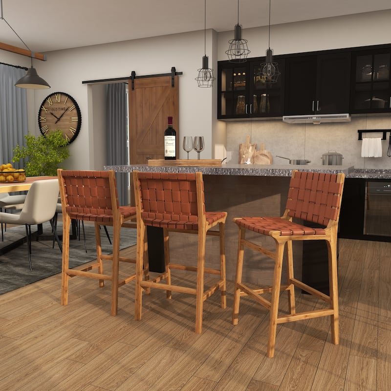 Camel Brown or Black Teak Wood Woven Leather Seat and Back Bar Stool with Beam Footrest