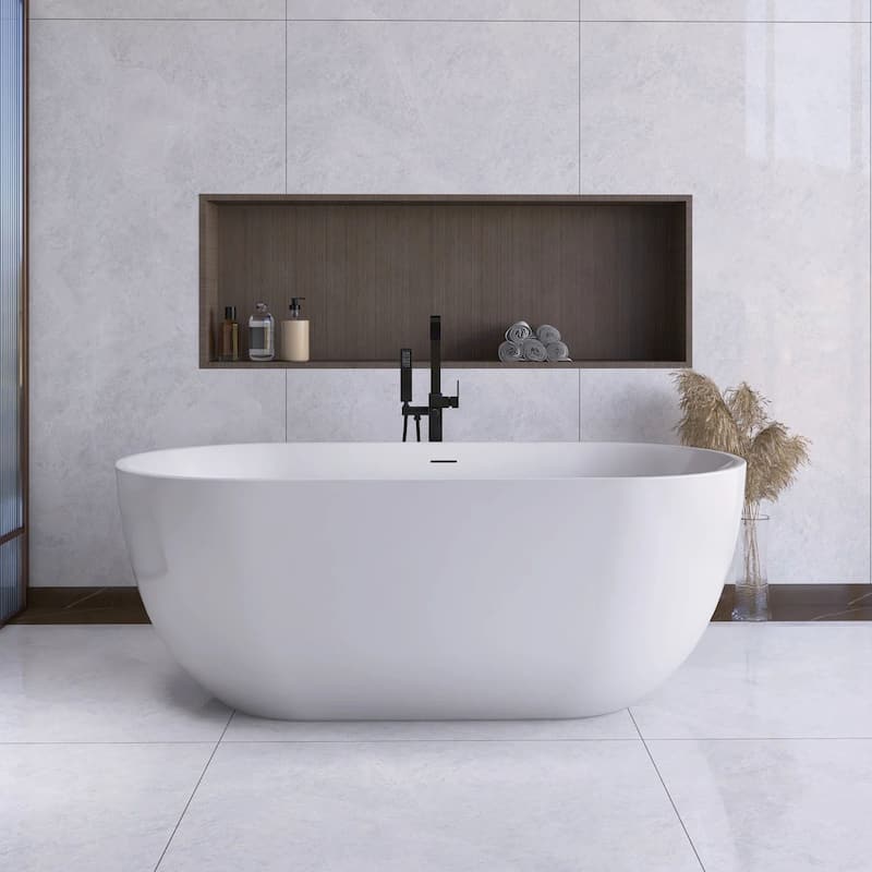 63 in. Solid Surface Freestanding Flatbottom Soaking Bathtub