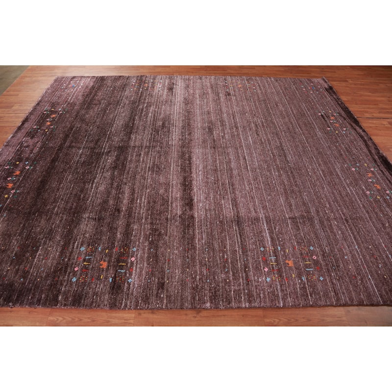 Hand Knotted Oriental Viscose Silk Carpet Tribal Stripe Brown Gabbeh Area Rug - 9' 10'' X 8' 2''