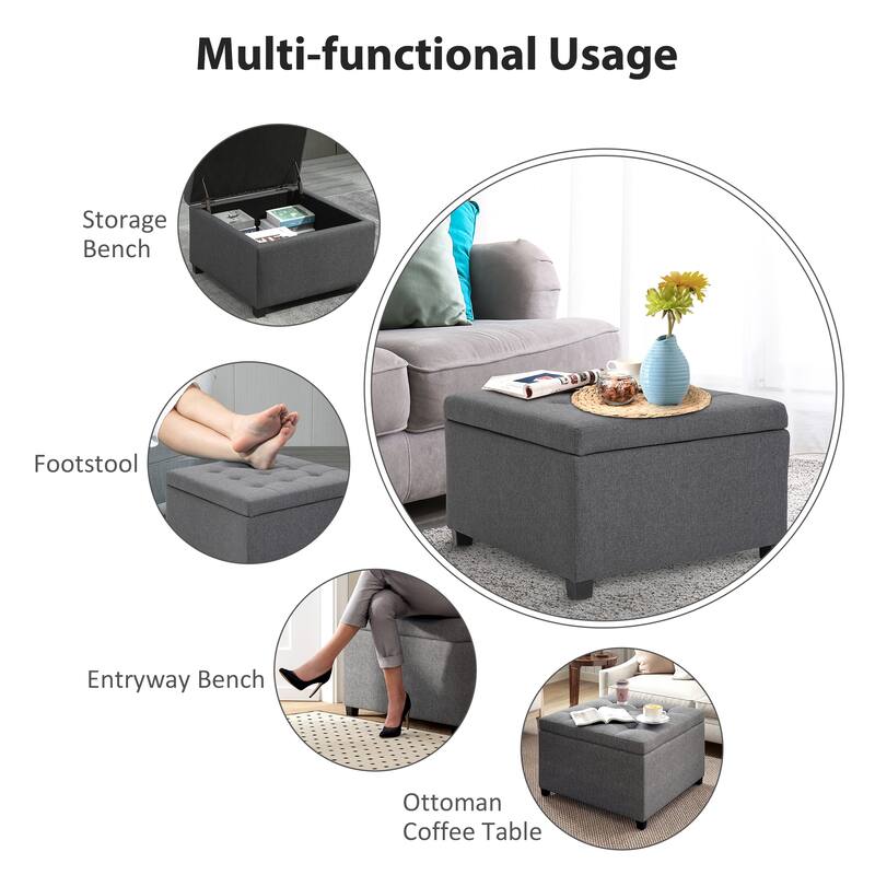 HOMCOM Fabric Tufted Storage Ottoman with Flip Top Seat Lid, Metal Safety Hinge and Stable Rubberwood Legs