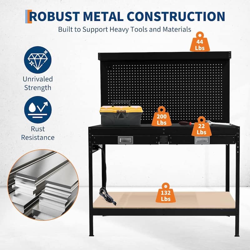 48" Workbench, Metal Steel Tool Storage Work Table for Workshop, Home, Office - N/A