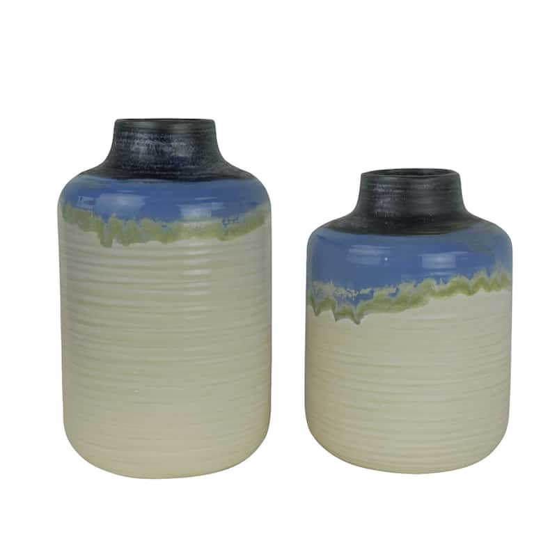 Aria Home Artisan Ombre Pottery Vase Set Natural Blue Green Décor - Ivory