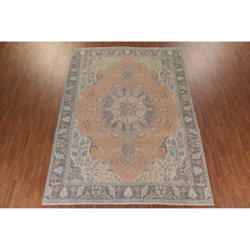 Hand Knotted Oriental 100% Wool Carpet Traditional Floral Peach Tabriz Area Rug - 13' 1'' X 9' 4''