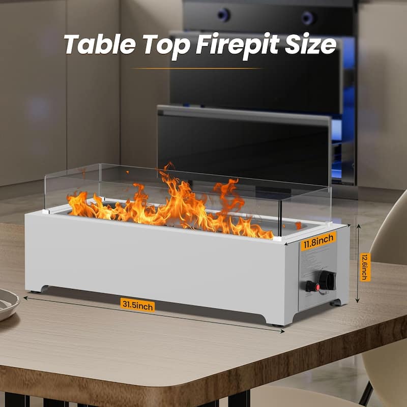 EROMMY Indoor/Outdoor 31.5" Propane Tabletop Fire Pit, 40,000 BTU Stainless Steel Fire Bowl with Glass Rocks & Wind Guard
