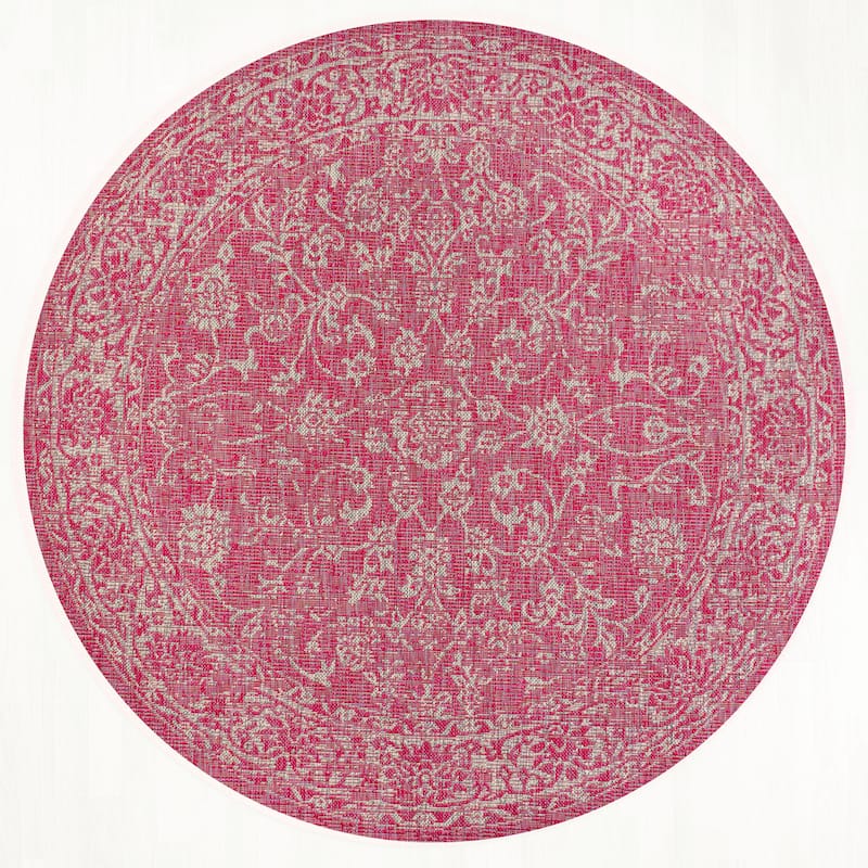JONATHAN Y Sinjuri Bohemian Textured Weave Floral Indoor/Outdoor Area Rug - 5' Round - Fuchsia/Light Gray