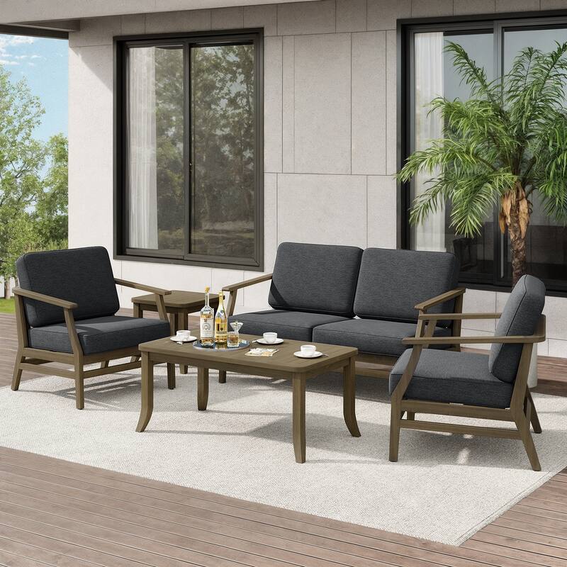 Teak Outdoor Patio Seating Set with Loveseat, Chairs and Tables (5-Piece) - Dark Grey - Natural Wood