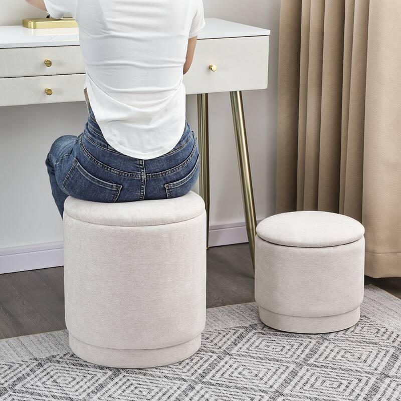 Adeco 2-Piece Round Fabric Storage Ottoman Set with Removable Lids