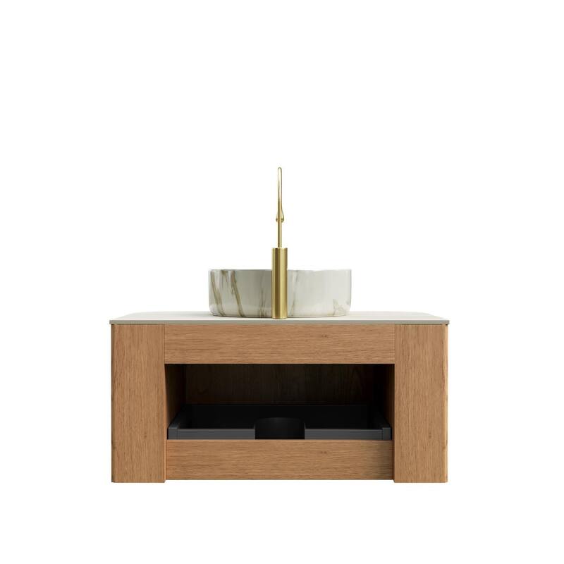 Floating Bathroom with Round Ceramic Basin and Storage Drawer