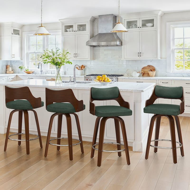 26.in Counter Height Stool Swivel Wooden Faux Leather Bar Stool with Curved Back - Green - Set of 4