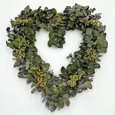 Preserved Decorative Real Dried Eucalyptus Valentines Day Heart Wreath in 14 inches- Green