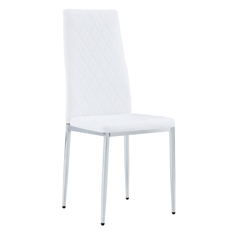 Modern White PU Dining Chairs Set of 4 - Diamond Quilted High Back Design with Silver Chrome Metal Legs