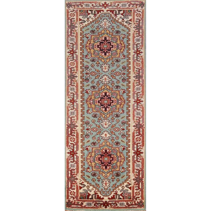 Hand Knotted Oriental 100% Wool Carpet Traditional Geometric Navy Blue & Blues Heriz (serapi) Runner Rug - 8' 2'' X 2' 6''
