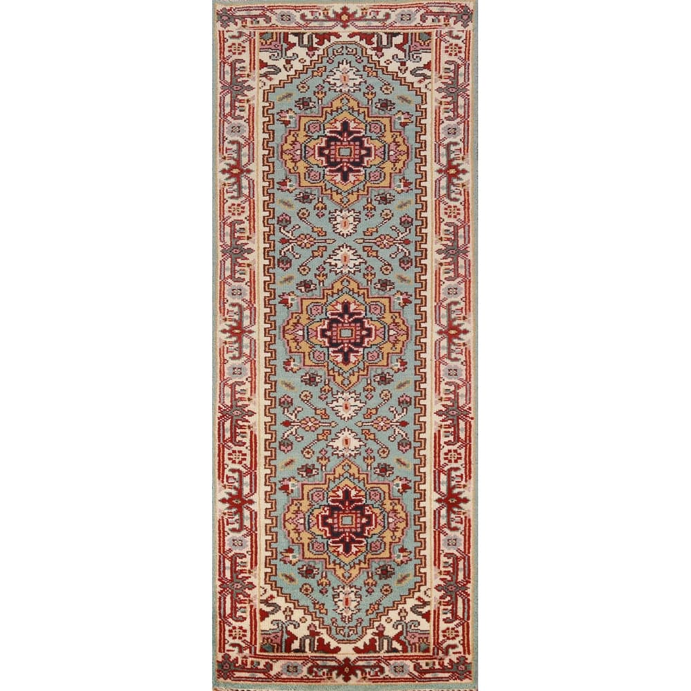 Hand Knotted Oriental 100% Wool Carpet Traditional Geometric Navy Blue & Blues Heriz (serapi) Runner Rug - 8' 2'' X 2' 6''