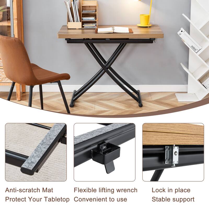 Modern minimalist multifunctional lift table with 0.8 inch thick MDF desktop and black metal legs,dressing table, coffee table