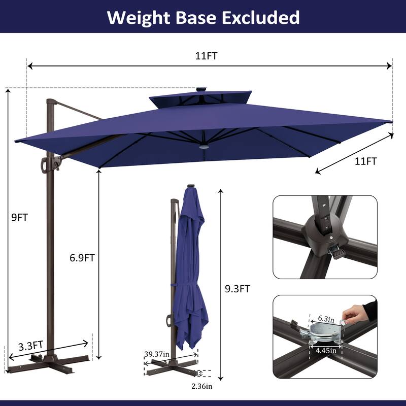 11 FT Square Outdoor Patio Cantilever Umbrella with Solar Lights Double Canopy 360 Rotation Tilt