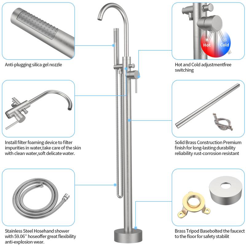 Freestanding Bathtub Faucet Tub Floor Mount Bathroom Faucets Brass Single Handle with Hand Shower High Flow Rate