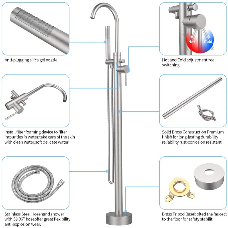 Freestanding Bathtub Faucet Tub Floor Mount Bathroom Faucets Single Handle with Hand Shower High Flow Rate Max 6 GPM