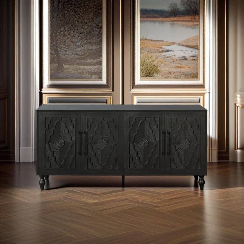 Carved Flower Door Large Storage Cabinet - Black