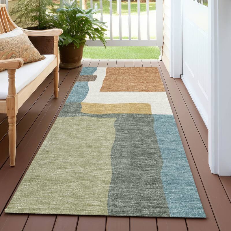 Machine Washable Indoor/ Outdoor Contemporary Blox Chantille Rug - Seafoam - 2'3" x 7'6"