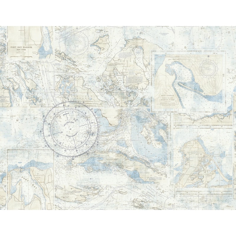 Seabrook Designs Nantucket Map Unpasted Wallpaper - 27 in. W x 27 ft. L - Sea Blue