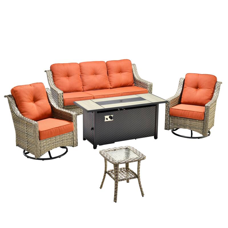 XIZZI 5-Piece Wicker Patio Furniture Set with Sofa, Swivel Chairs & Fire Pit