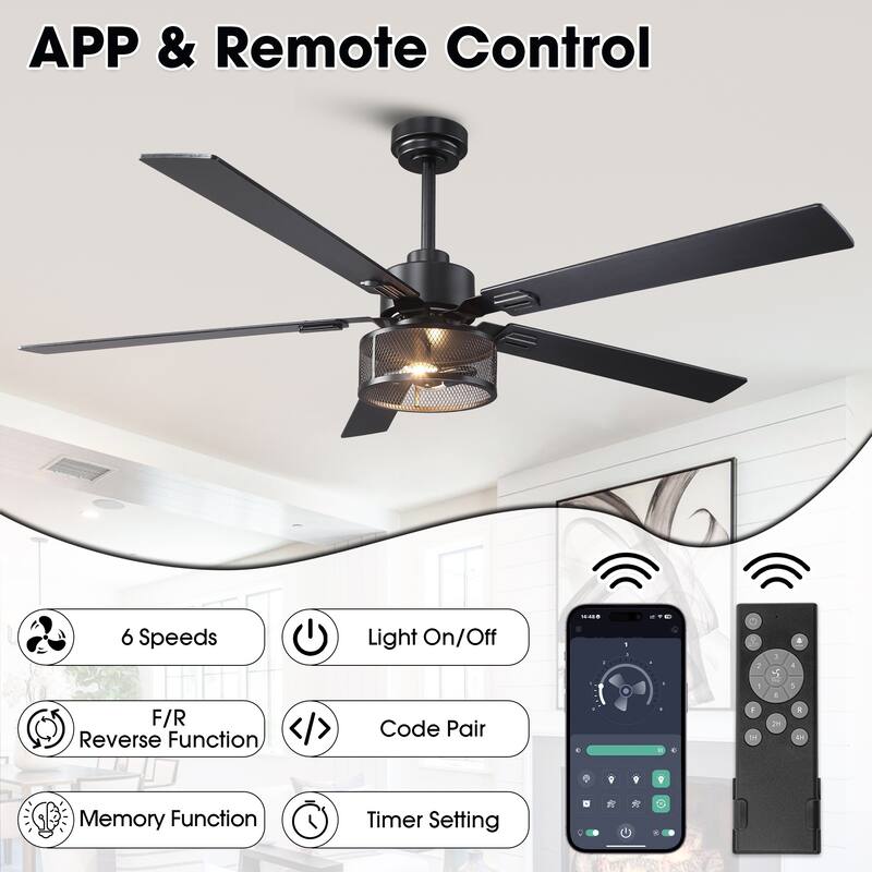 Vaczon 60" Black Reversible Wood 5-Blade Smart Ceiling Fan with Light and APP Control