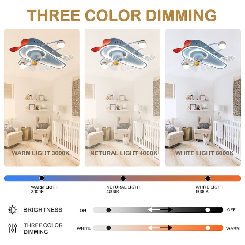 26In Cartoon Aircraft Flush Mount Ceiling Fan, 6-Speed Dimmable Light with Remote and APP Control for Kids Room