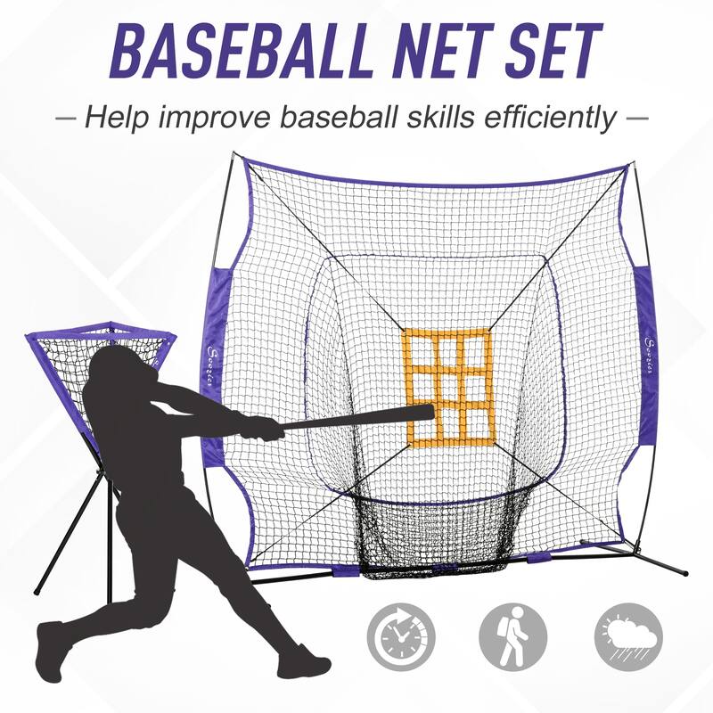 Soozier 7.5'x7' Baseball Practice Net Set w/ Catcher Net, Tee Stand, 12 Baseballs for Pitching, Fielding, Practice Hitting