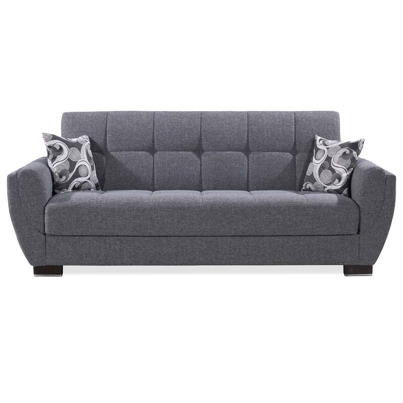 HomeRoots 93" Gray Chenille Convertible Futon Sleeper Sofa And Toss Pillows With Storage