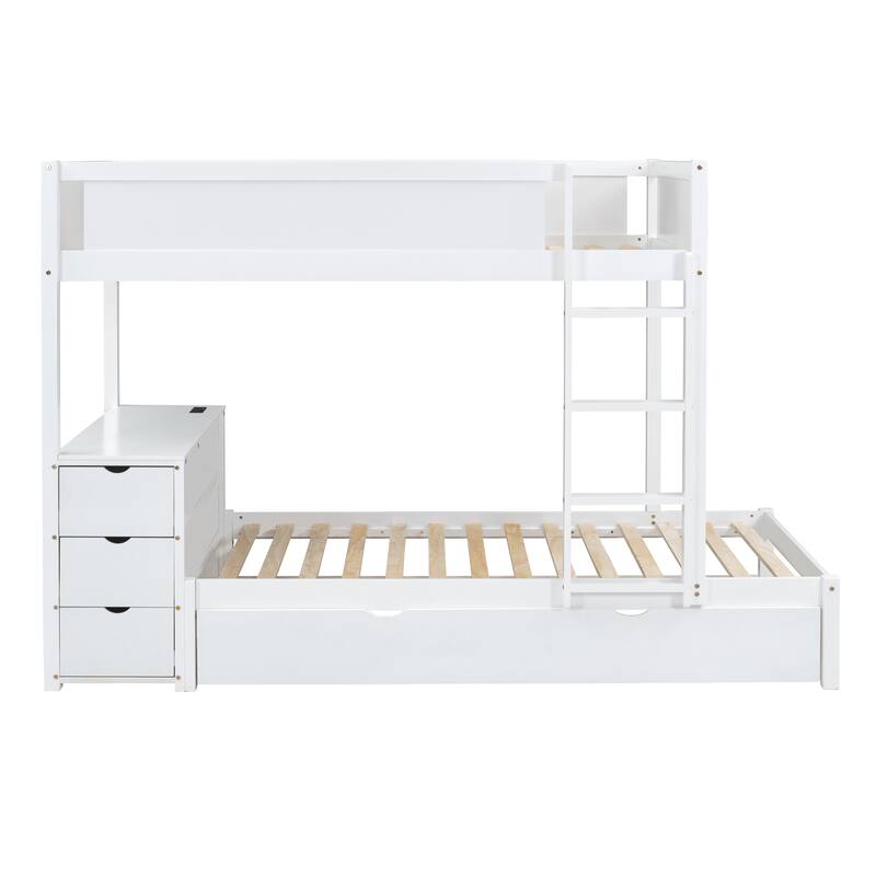 Twin-Over-Twin Bunk Bed with Trundle, Storage, Desk, USB Ports, White
