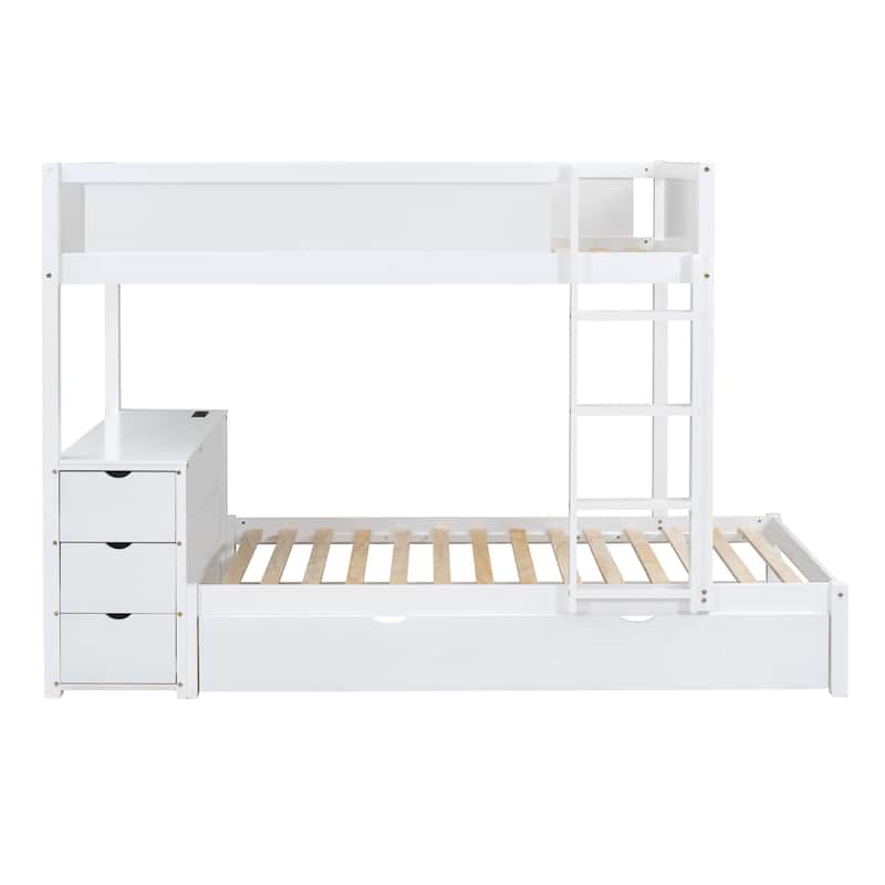 White Bunk Bed with Twin Trundle, Desk, 3 Drawers, USB Outlets and Safety Guardrails