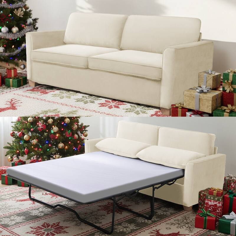 Mixoy Modern Pull Out Sofa Bed,Velvet Sleeper Loveseat Couch Bed - Full Size - Beige
