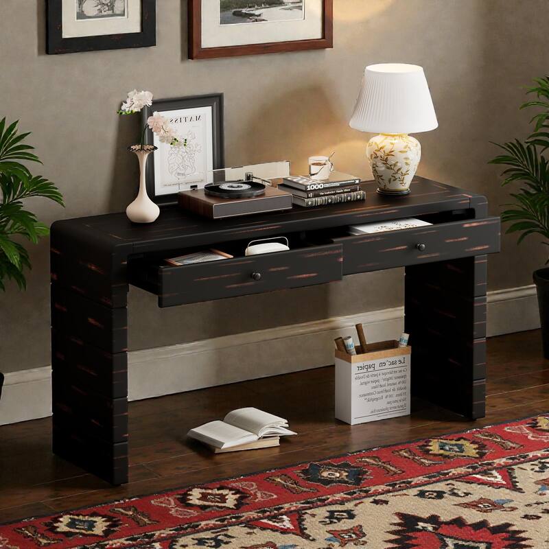Curved Farmhouse Console Table with Storage, Wooden Entryway Table with 2 Drawers for Hallway