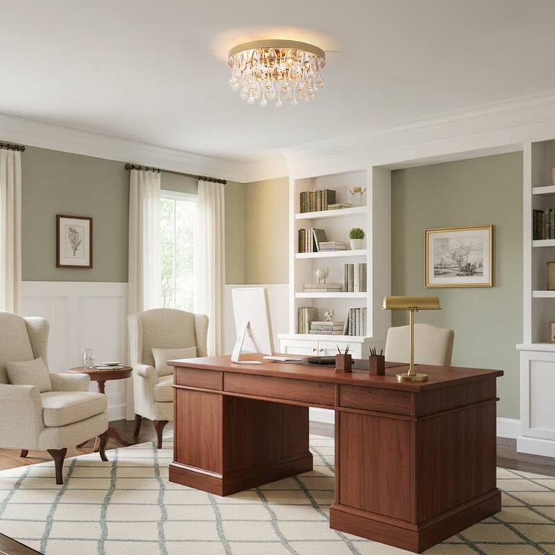 12" 2-Light Modern Chrome/Black Crystal Flush Mount Ceiling Light - Minimalist Crystal Drop Fixture for Bedroom