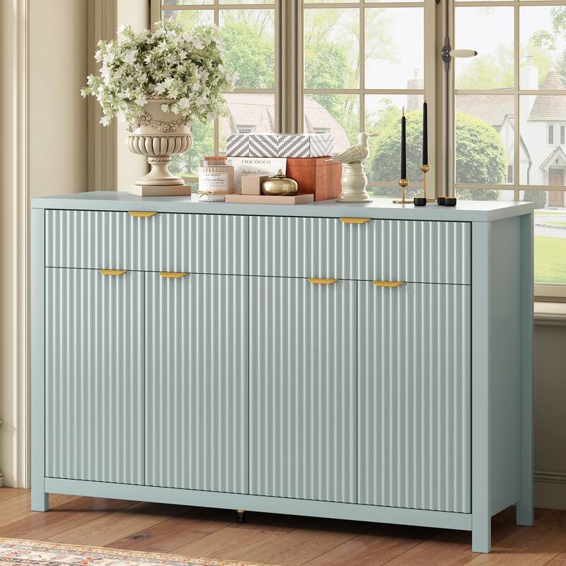 Roomfitters Sideboard Buffet Cabinet with 2 Drawers, 4 Door Mid-century Modern Fluted Storage for Kitchen & Dining Room, Cyan