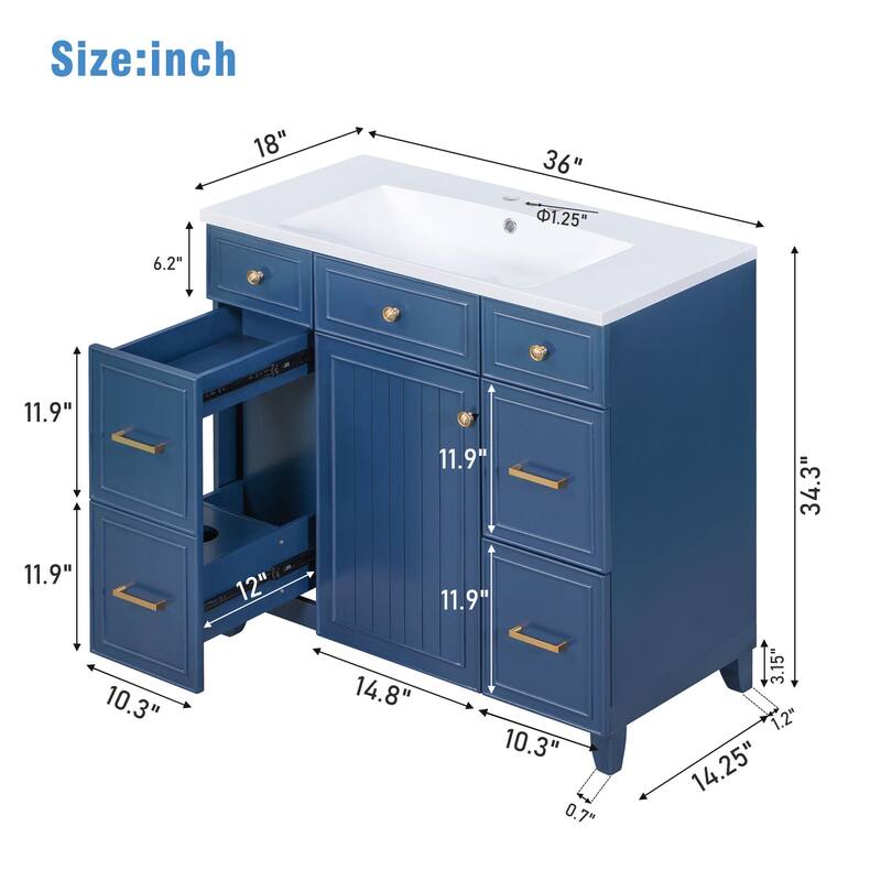 Modern 36-Inch Free-Standing Vanity with Single Sink, Storage Drawers & Adjustable Shelf