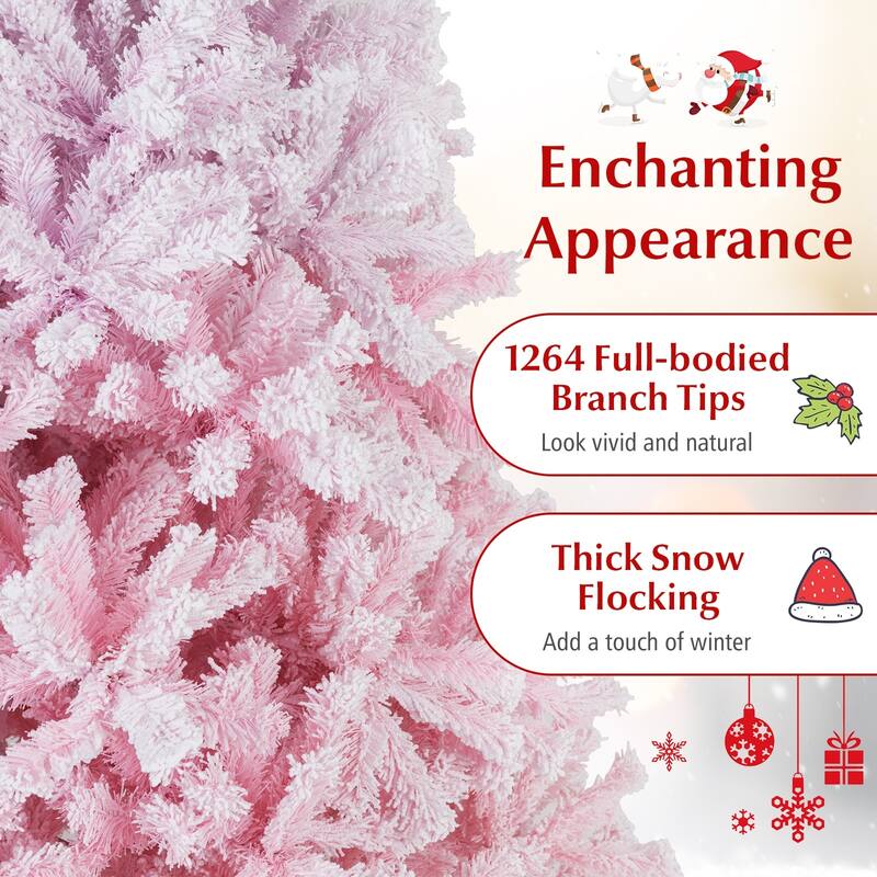 Gymax Artificial Christmas Tree Hinged Snow Flocked Xmas Tree w/ Lush - Pink, White