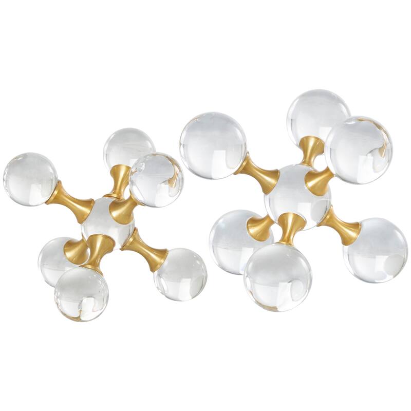 Clear Crystal Orb Inspired Jack Decorative Sculpture with Gold Metal Accents (Set of 2)
