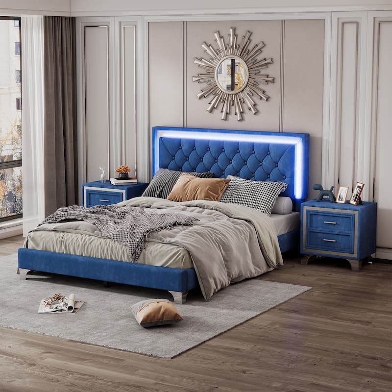 3-Pieces Bedroom Sets with Queen Size Upholstered Platform Bed and Two Nightstands