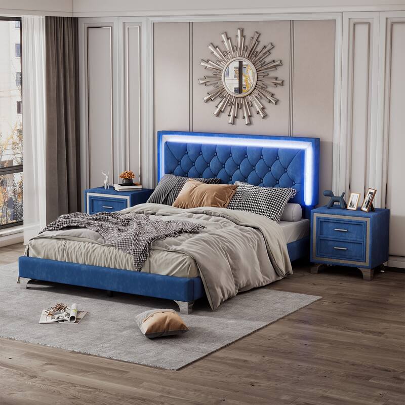 Queen Size Velvet 3-Pieces Bedroom Sets with Tufted Headboard, Bedroom Upholstered Bed Platform Bed with 2 Nightstands - Blue - Queen