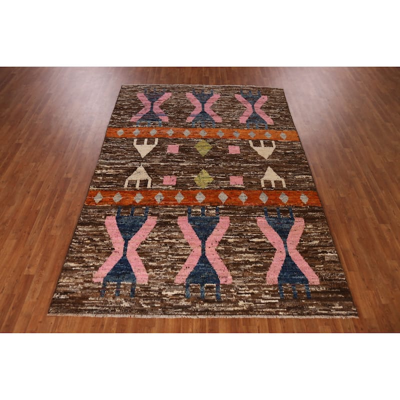 Brown Geometric Moroccan Area Rug Hand-Knotted Wool Carpet - 6'10" x 9'10"