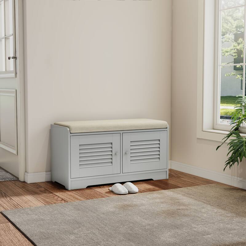 28.74" Shoe Storage Bench with 2 Door Cabinet, Grey Entryway Bench Indoor Bench with Padded Seat and Adjustable Shelves