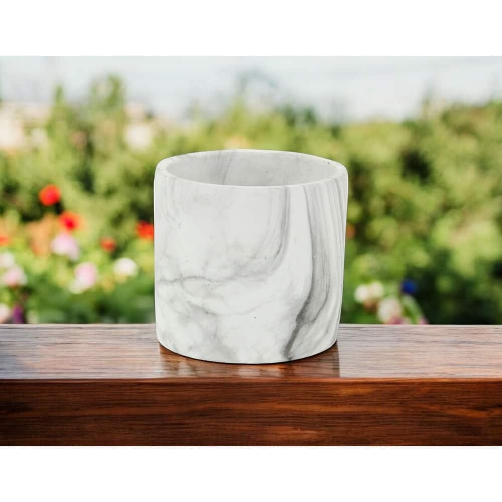 HomeRoots 6" White and Gray Marbleized Ceramic Indoor Outdoor Round Pot Planter