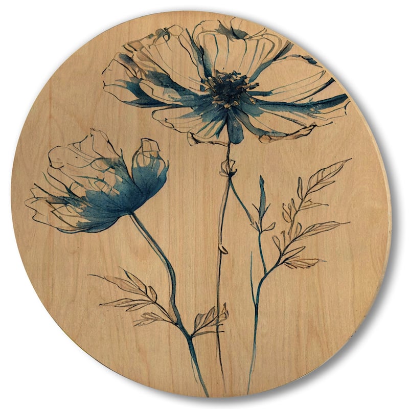 Designart "Indigo Flower Blossoming IV" Floral Wood Wall Art - Natural Pine Wood