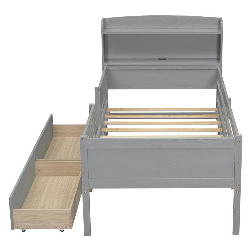 Wood Platform Bed with Built-in LED Light, Multi-functional Headboard, Guardrail and 2 Drawers